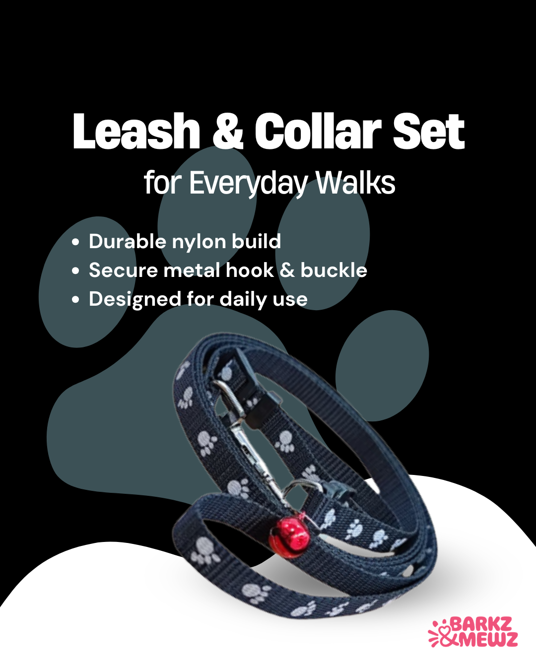 Collar & Leash – Paw Print + Bell (S, 10mm) view 2